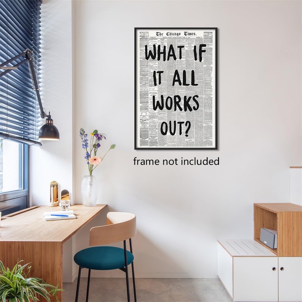 Fenbhjgy Vintage Black and White Chicago Newspaper Canvas Wall Art, Affirmation Quote What If It All Works Out Room Aesthetic Poster, Retro Print for Apartment Bedroom Decor 12x16in Unframed