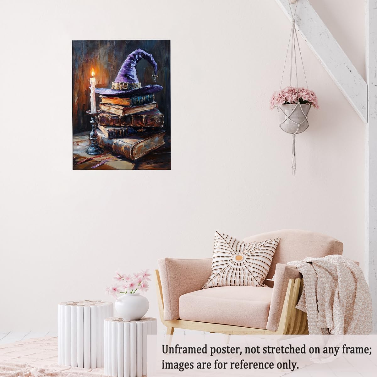 Witch Hat and Antique Books Wall Art Print – Magical Candlelight Painting for Witchcore Academia or Halloween Library Decor Vintage Fantasy Aesthetic 12x16in Unframed