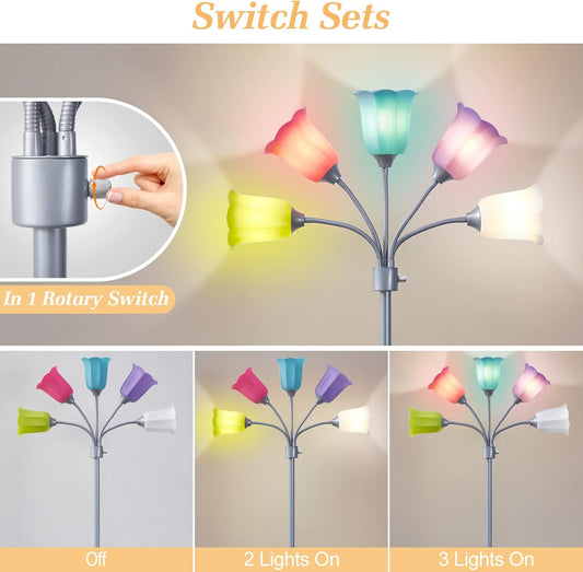 GyroVu Medusa LED Floor Lamp, Multi Head Modern Tall Lamp with Adjustable Gooseneck Standing Lamps Led Tall Lamp for Living Room Bedroom Kids Room Office 6 Color Lampshades Bulb Not Included Silver
