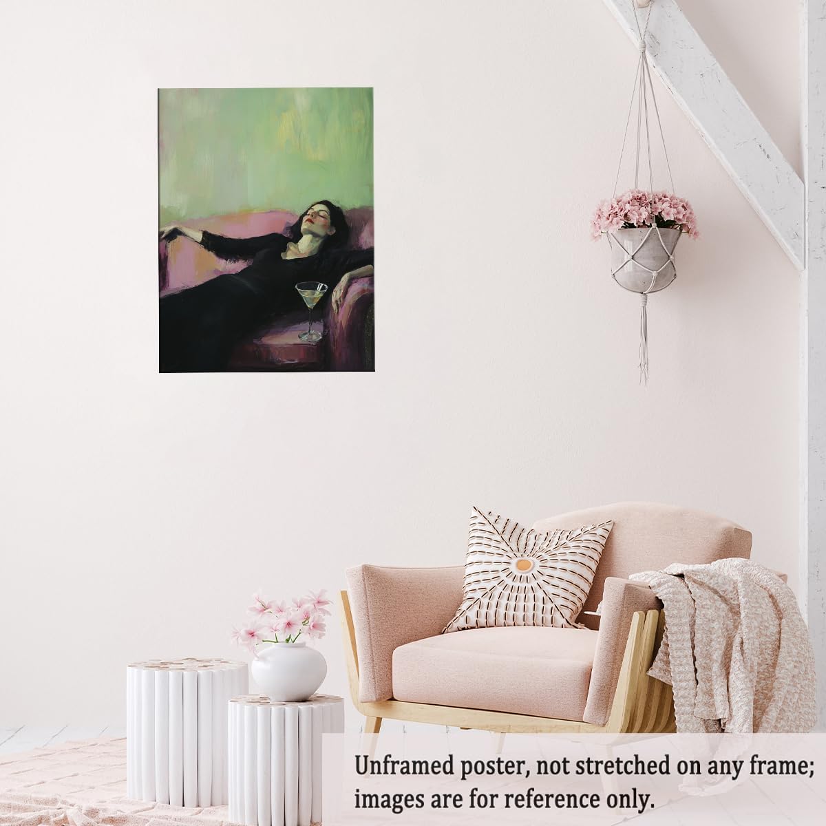Vintage Feminine Canvas Wall Art Impressionist Woman on Pink Sofa Martini Glass Painting Print Posters for Chic Bedroom Lounge Dressing Room Art Wall Decor Poster 11x14in Unframed