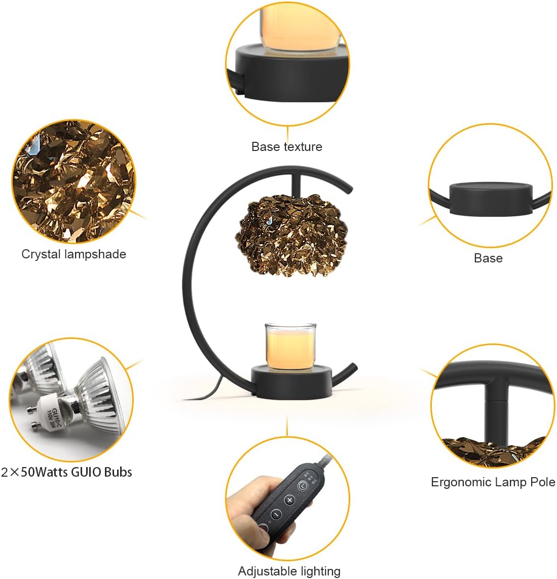 Candle Warmer Lamp for Jar Candles with Adjustable Brightness&Timer,Handcrafted Crystal Candle Lamp Luxurious Design+2Bulbs,Home Decoration Electric Candle Lamp(Black C-Shaped)