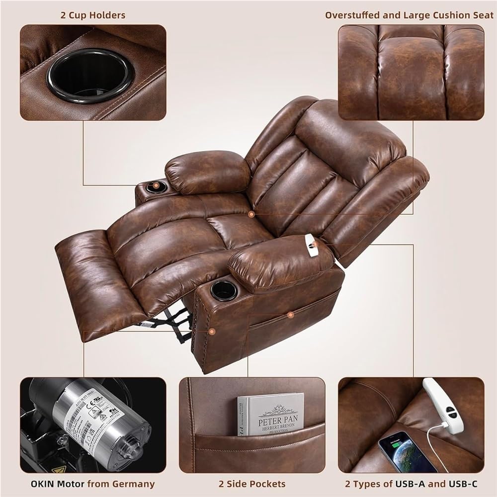 Large Power Lift Recliner Chair with Heated Massage Adjustable 3 Position Overstuffed Sofa Breathable Leather Cup Holder Side Pocket Electric Recliner for Living Room