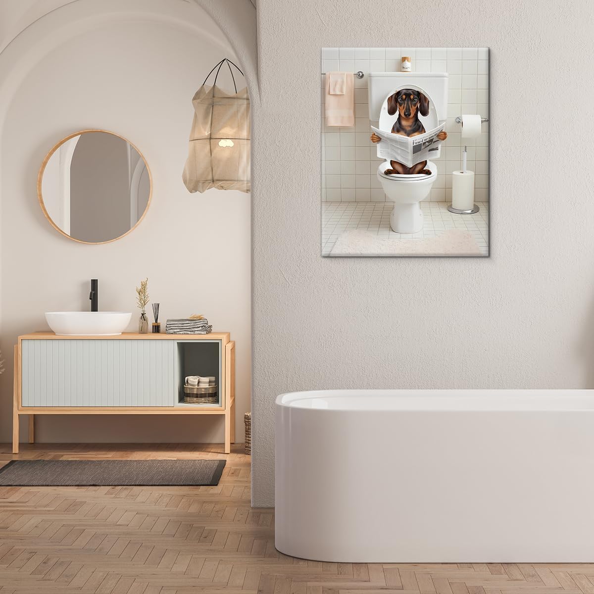 QPVXSST Funny Dachshund Bathroom Wall Art Dachshund Dog Reading Newspaper on Toilet Picture Poster Toilet Humor Modern Artwork Bathroom Wall Decor 8X10 Inches