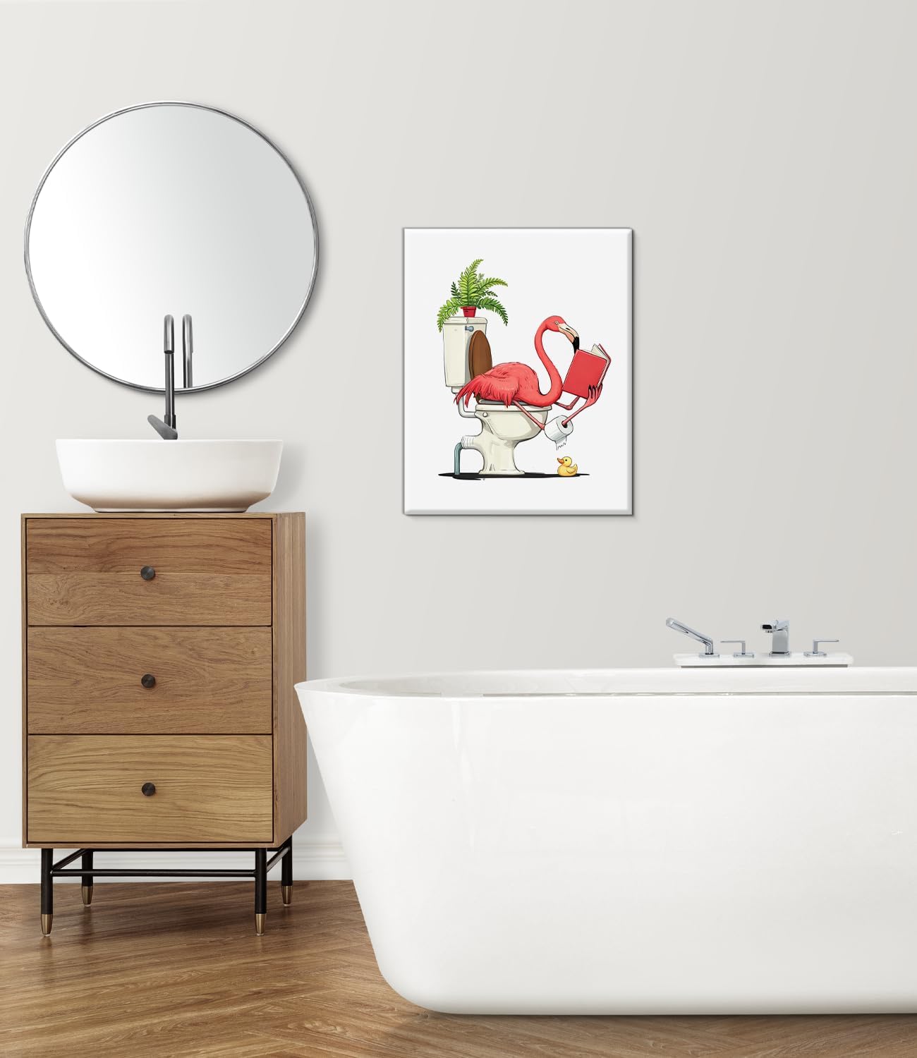 Funny Flamingo Bathroom Wall Art Print - Flamingo Reading on Toilet Canvas Poster Painting - Tropical Animal Bathroom Wall Decor 8x10 Inch Framed