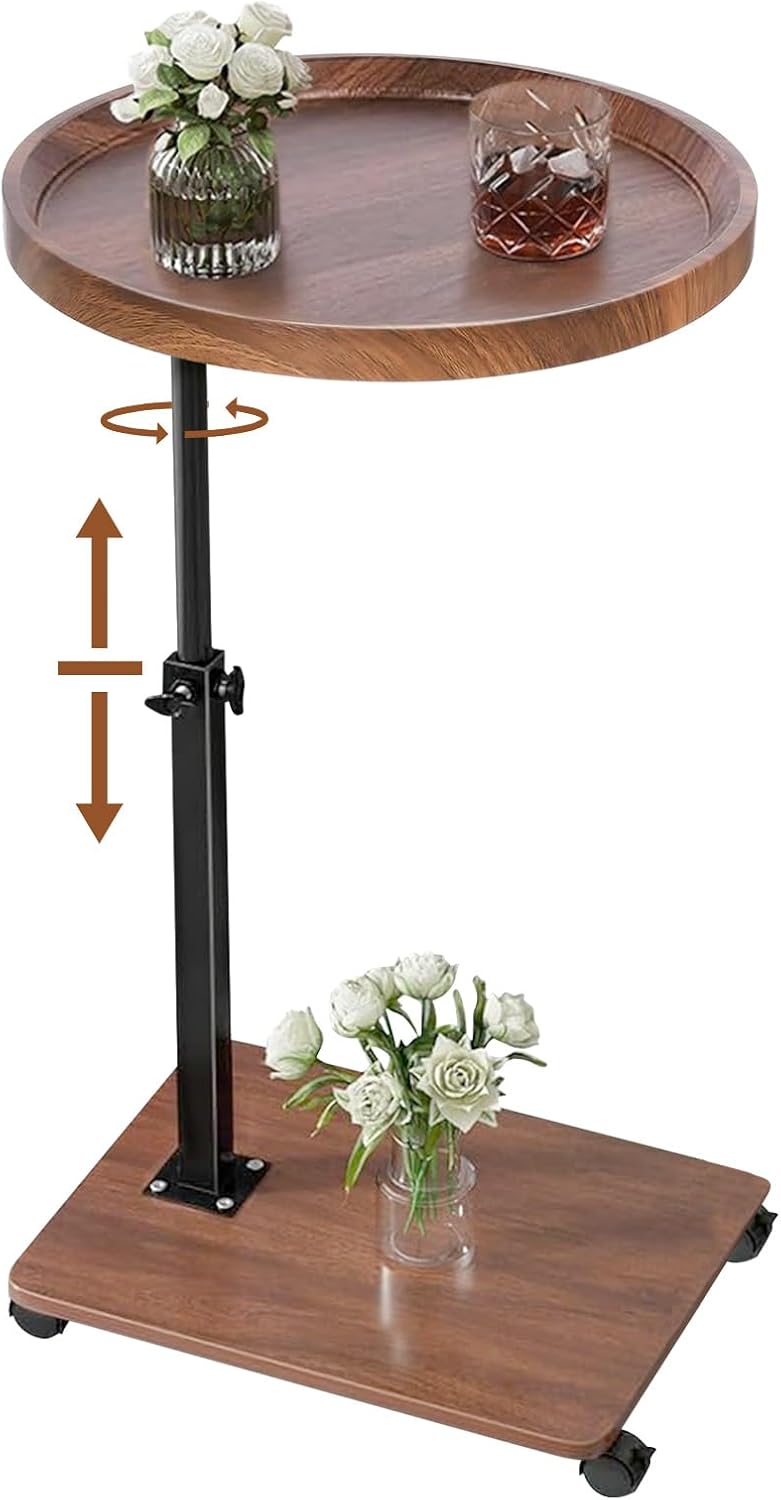 Adjustable C Shaped Side Table, C Table End Table with Wheels for Sofa, 360° Swivel Sofa Table for Livingroom,Bedroom,Study and Small Spaces,Bedside Table (Round,Walnut Wood)