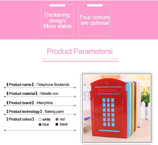 MerryNine 4 Pack Book Ends, Metal Bookends for Shelves, Telephone Booth Decorative Bookends, Non Skid Heavy Bookends, Book, Magazine or CD Organizers for Home and Office (Red-4pcs)