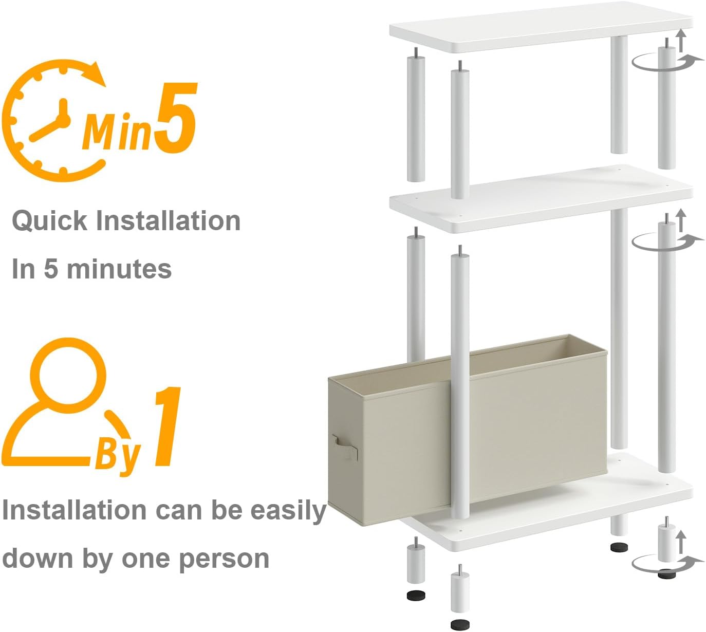 Apicizon Small Narrow Side Table, 3-Tier Skinny End Table with Fabric Basket, Slim Nightstand Bedside Table for Small Spaces, Living Room, Bderoom, White