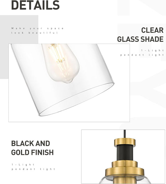 zeyu Modern Gold Pendant Light, 1-Light Glass Hanging Light for Kitchen Dining Room, Clear Glass Shade, Black and Gold Finish, ZG33M1L BK+BG