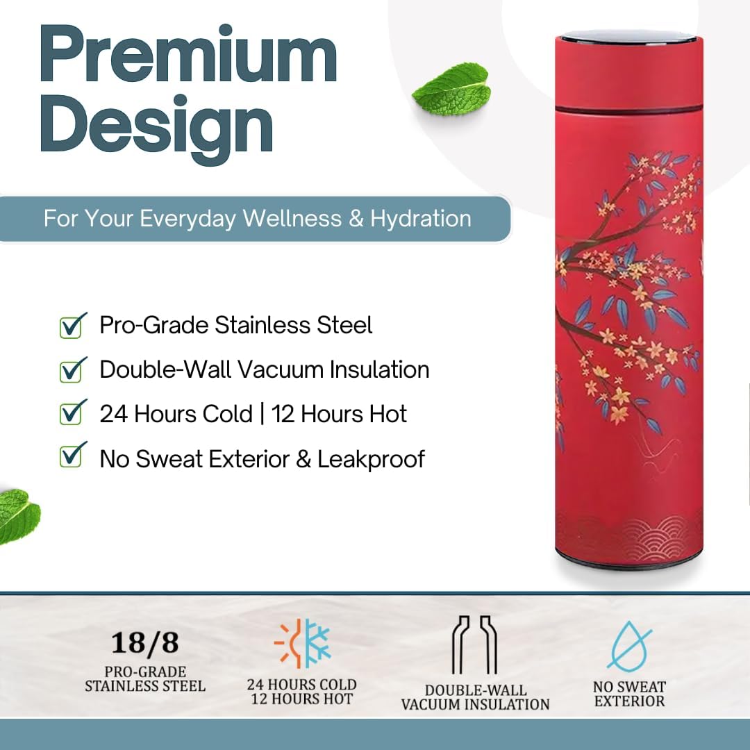 Farasi Tea Infuser for Loose Leaf Tea Smart Water Bottle with Fahrenheit Temperature Display, Stainless Steel Insulated Coffee and Fruit Tea Infuser Bottle - Red Floral Travel Tea Mug 15 oz