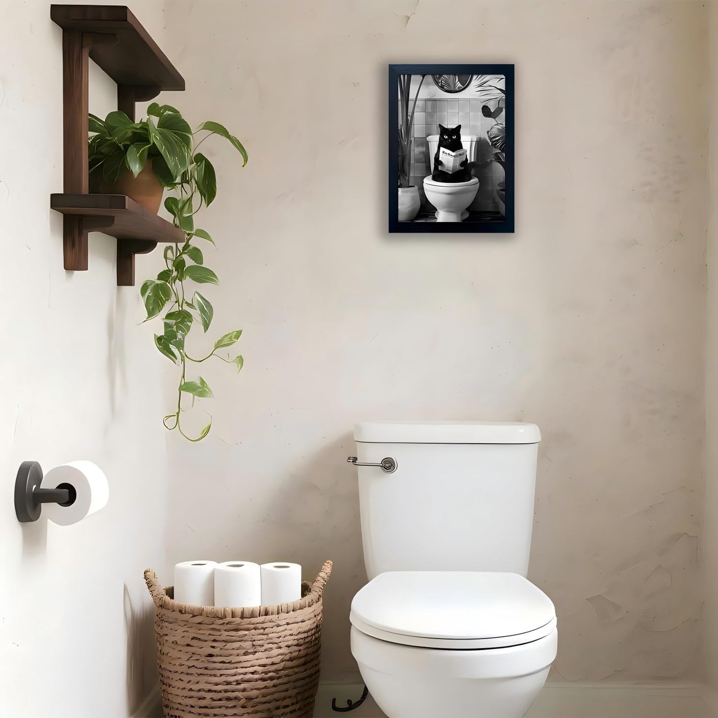 Funny Black Cat Bathroom Wall Decor, Black Cat Sitting on Toilet Reading Newspaper Wall Art, Humorous Cat Bathroom Decor, Black and White Minimalist Animal Canvas Wall Art for Restroom, Wood Framed 8x10