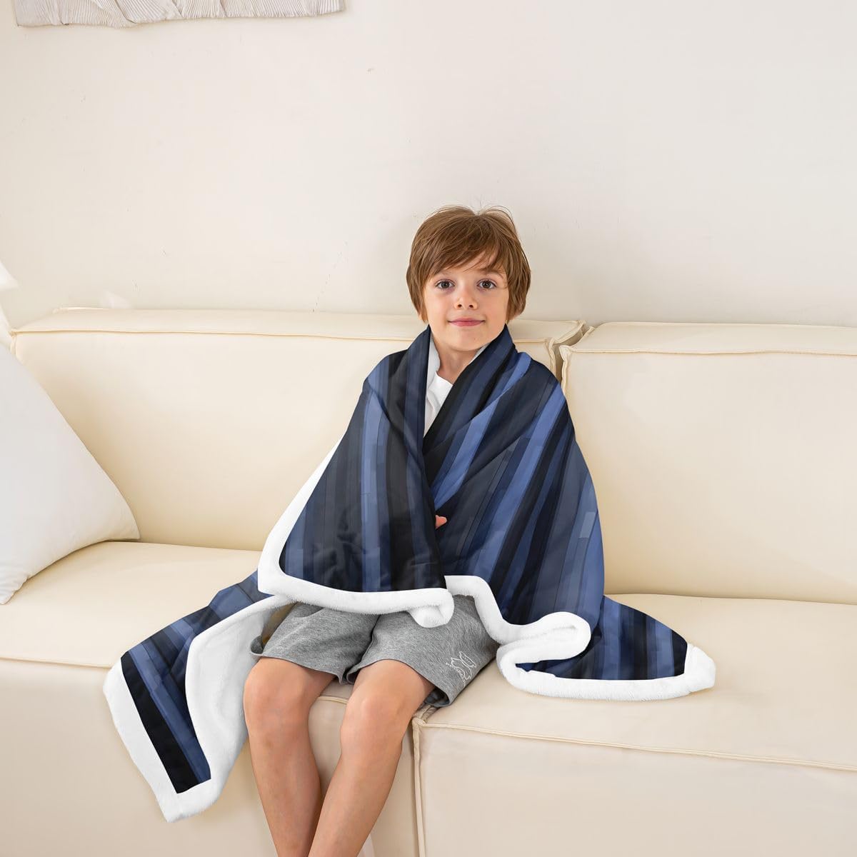 Feelyou Abstract Stripe Sherpa Throw Blanket for Couch Dark Blue Super Soft Cozy Fleece Geometric Blanket for Winter, Plush Throw Luxury Baby 30"x40" Modern Art All Season