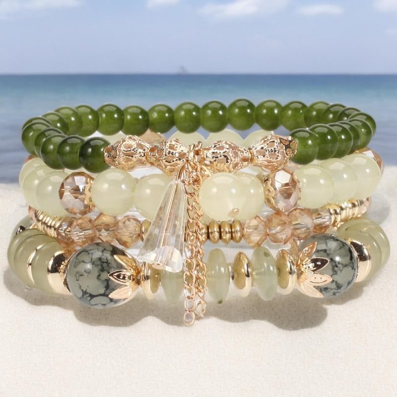 4Pcs Bohemia Multilayer Stackable Beaded Bracelets Set Colorful Crystal Stone Gold Beaded Stretch Bracelets Hawaii Charm Bracelet for Women Men Summer Beach Boho Vacation Jewelry Gifts