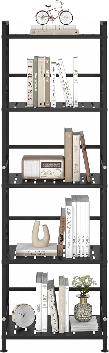 JSB 5 Tier Metal Bookshelf Bathroom Storage Standing Shelf Unit Kitchen Storage Organizer Display Rack Bookcases Shelves for Living Room, Bedroom, Office (Widen Black, 5 Tier)