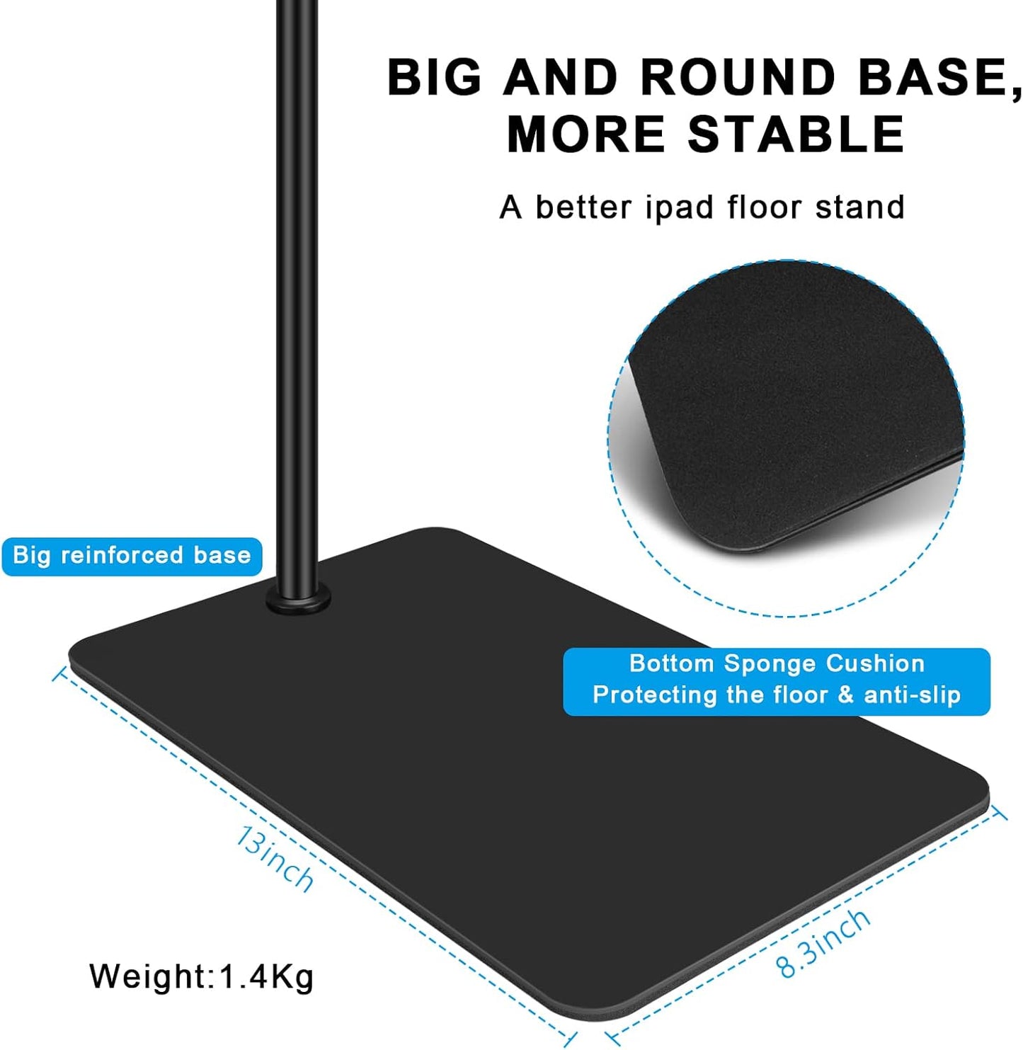 Tablet Floor Stand with Double Weight Base 360-degree Rotatable Metal Tablet Holder with Flexible Gooseneck Holder Long Arm for iPad Mini Air Pro, All Cell Phones iPhone & Tablets (4.5-12.9-inch)