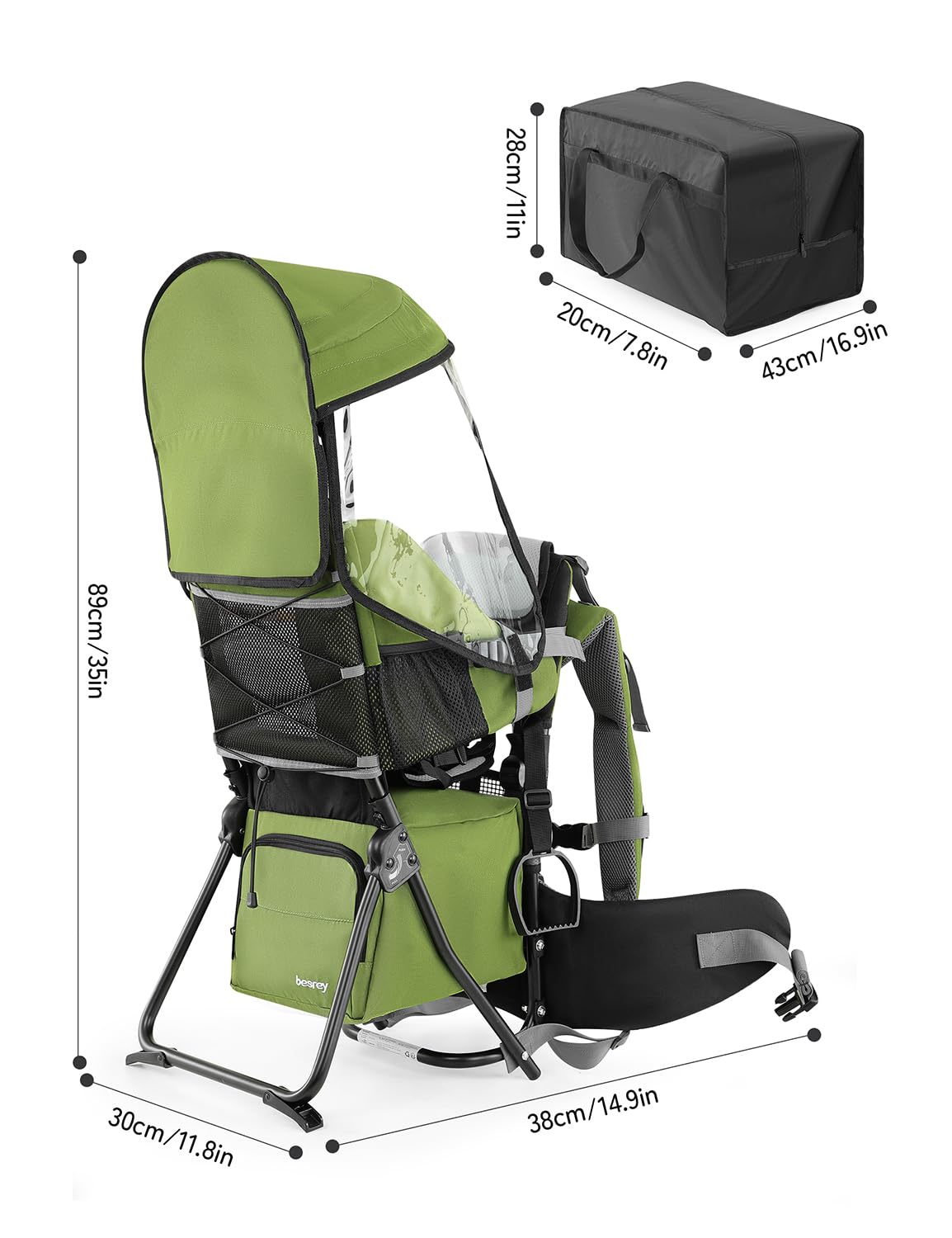besrey Baby Backpack Carrier, Toddler Hiking Backpack with Safety 3-Height Seat, Adjustable Straps&Waist Belt, Foldable Frame Lightweight Large Capacity Child Carrier for Hiking (Army Green)
