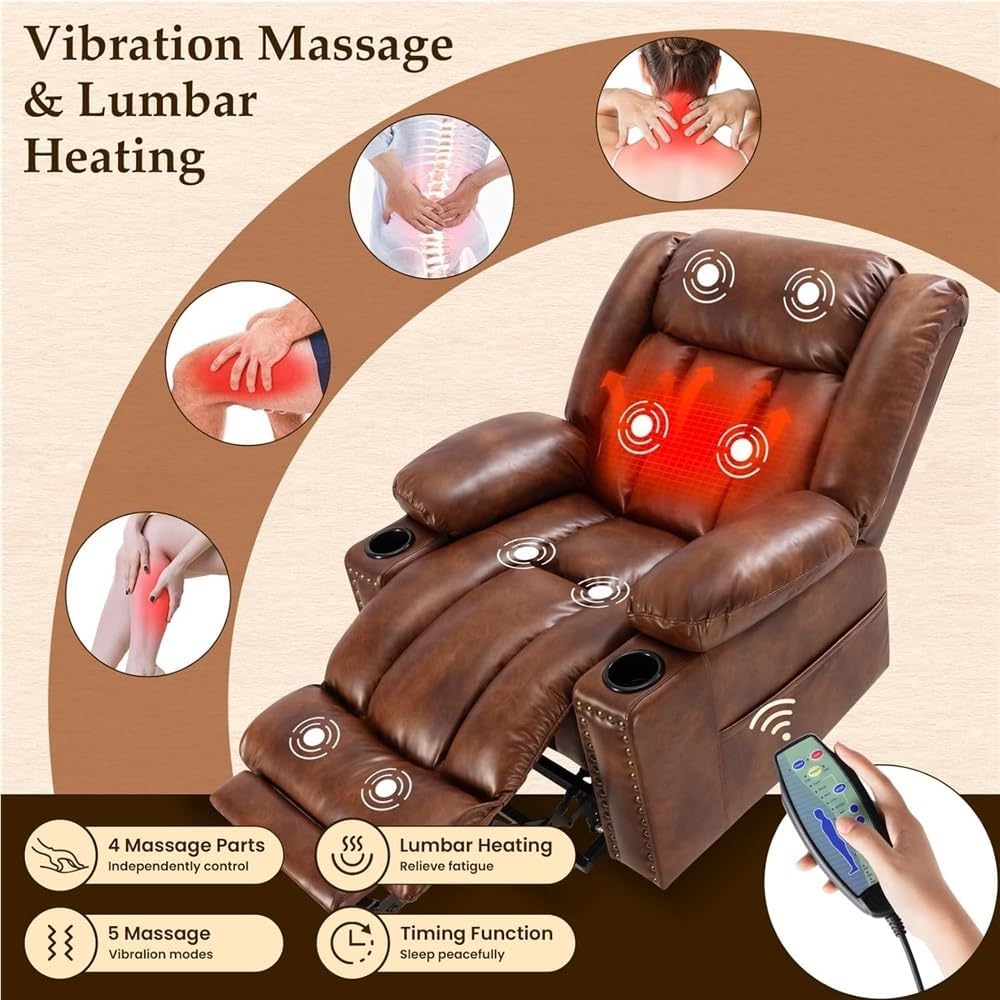 Large Wide Power Lift Recliner Chair for Elderly, Electric Reclining Sofa with Heat & Vibration Massage, Extended Footrest, Cup Holders, Side Pockets, Leather Light Brown