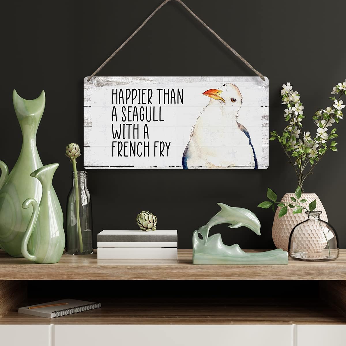 MIGUMUTU Happier Than a Seagull with a French Fry Sayings Home Wall Decor Wooden Signs Rustic Farmhouse Hanging Wall Plaque Sign Beach Gift