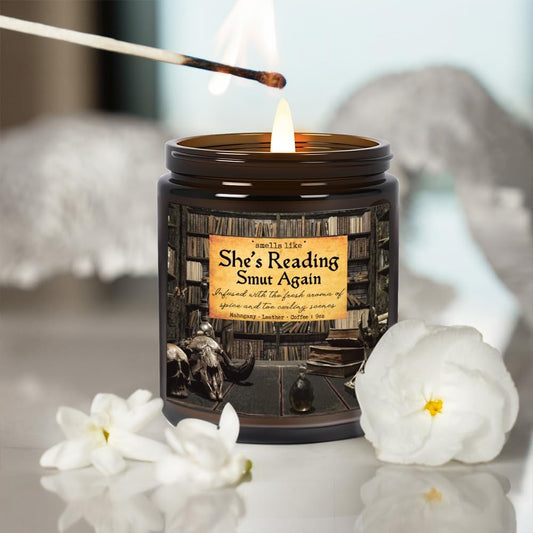 Book Lovers Gifts Smell Like She's Reading Smut Again Candle, Smutty Reading Gifts for Bookworm, Librarian, Funny Birthday Gift for Readers - Smut Candles, Mahogany Leather Coffee Scent Candle 9OZ