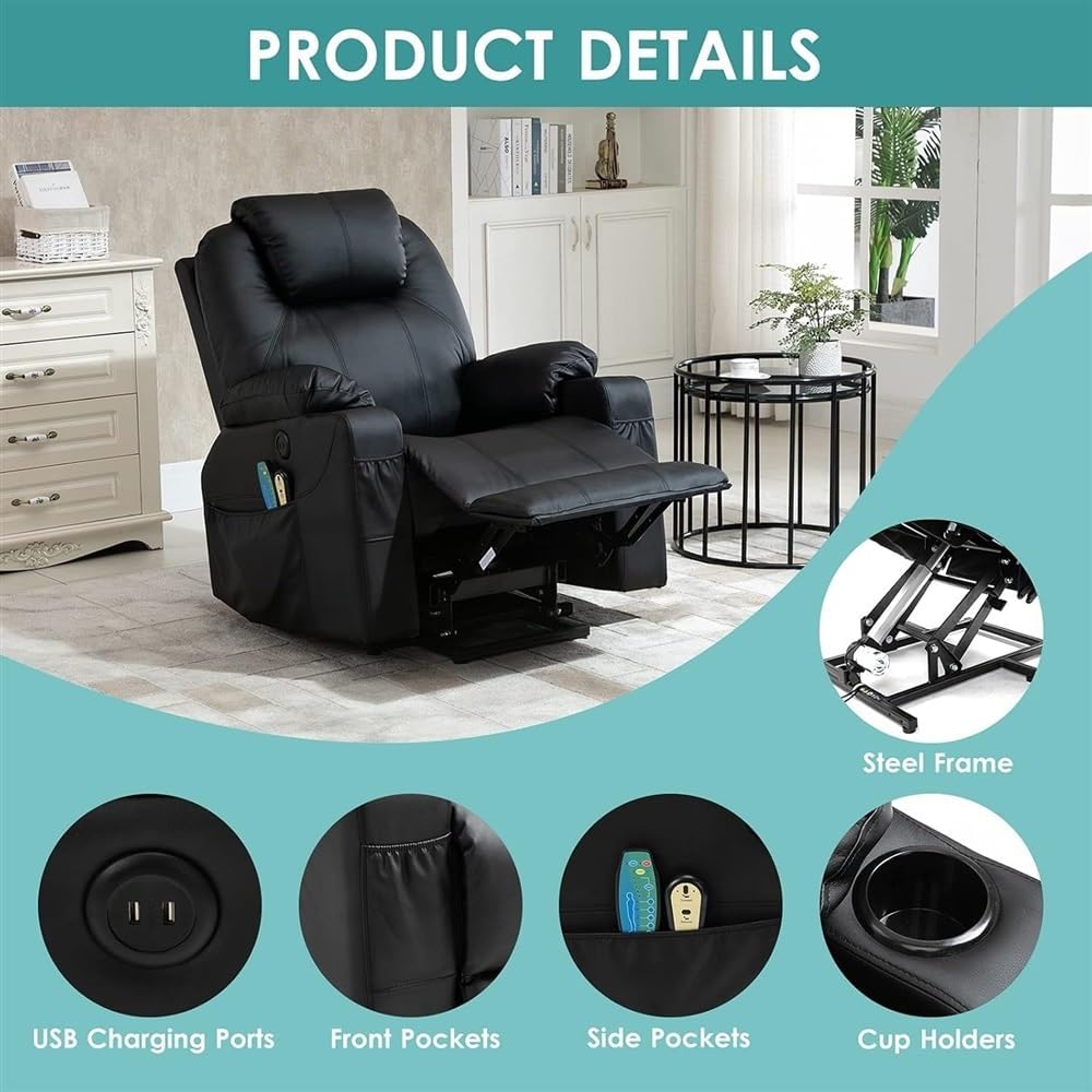 Power Lift Recliner Chair for Elderly, PU Leather Electric Massage Chair with Heat, Ergonomic Lift Chair with 2 Cup Holders & Side Pockets, Motorized Home Theater Seating