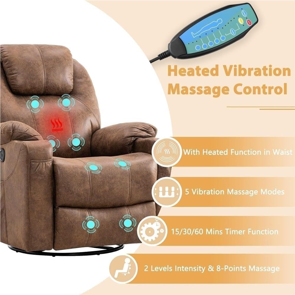 Brown Swivel Glider Recliner Chair for Adults with Heated Massage, Remote Control, Ergonomic Lounge Support, Cup Holders, Rocking and Swivel Function, Living Room Recliner Sofa