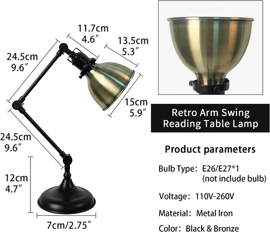 Desk Lamp for Home Office, Desk Light with Adjustable Multi-Joint Metal Swing Arms Table Lamp, Industrial Table Light for for Home Office, Work, Study, Reading, E26 Base (Antique Brass)