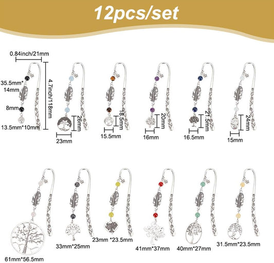 Tree of Life Bookmarks Metal Crystal 12pcs with Gemstone Beading Vintage Alloy Leaf Book Markers for Reading Book Lovers Teacher's Day Student Office Birthday