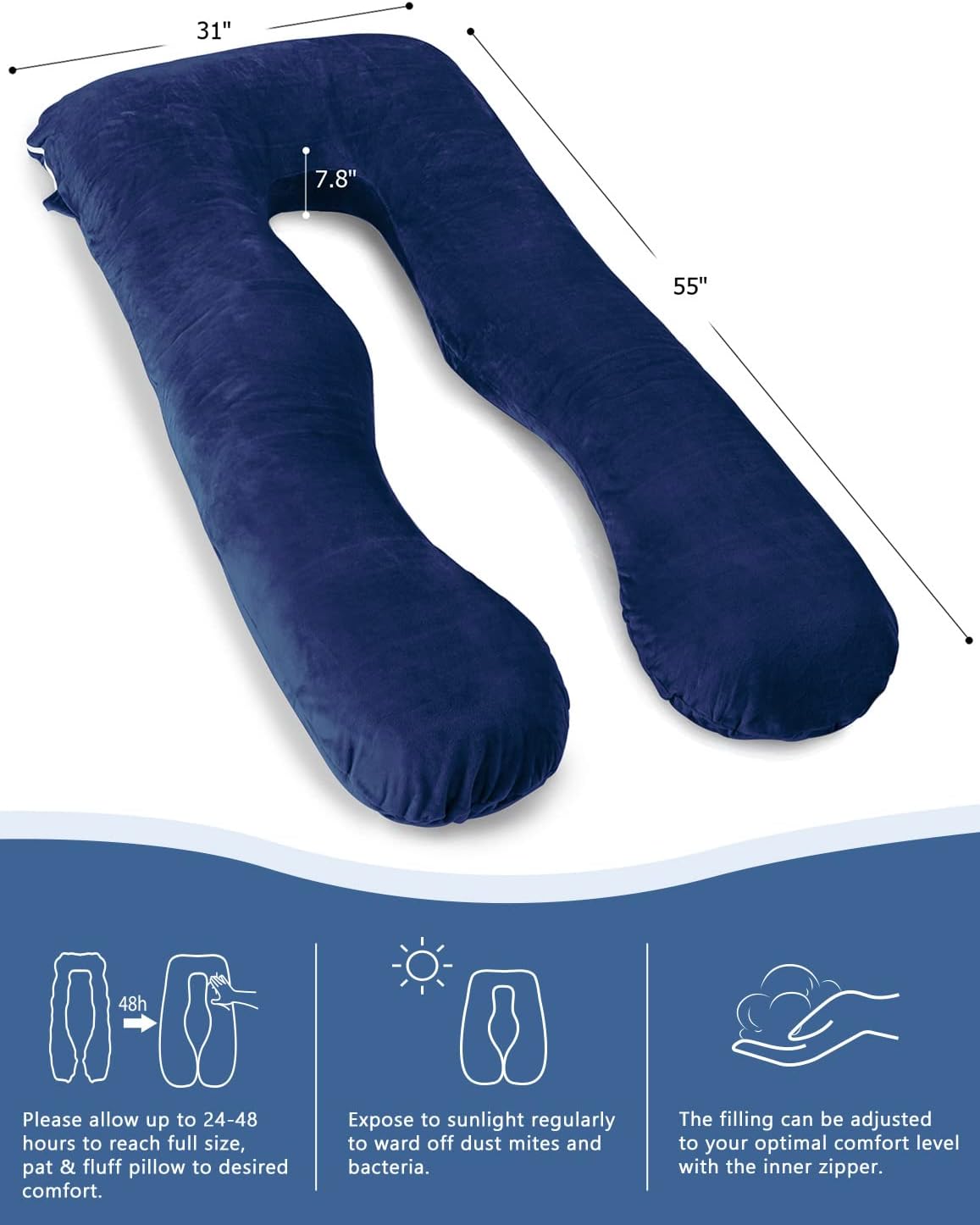 AngQi Pregnancy Body Pillow, U Shaped Full Body Pillow with Removable Velvet Cover, Navy Maternity Pillow