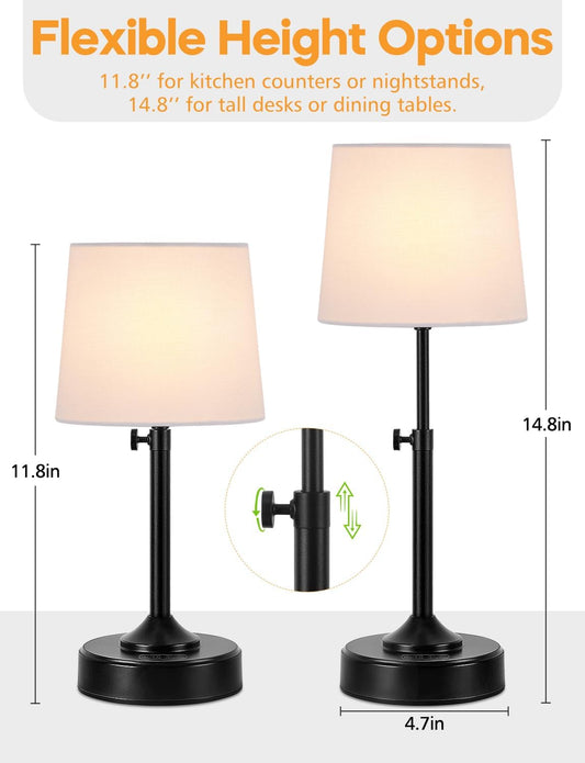 Height Adjustable Cordless Table Lamp Rechargeable with Timer, 3-Way & Stepless Dimmable LED Battery Operated Table Lamp, Wireless Battery Powered Lamp, Black Touch lamps for Nightstand Countertop