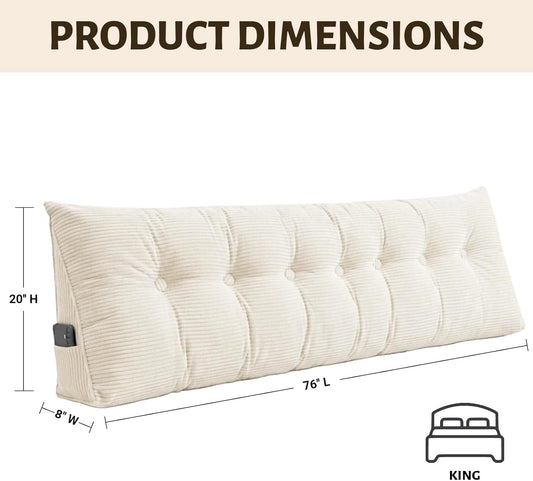 Wedge Reading Pillow Headboard King Size, Headboard Bolster Pillow for Bed, Triangular Backrest Cushion with Removable Corduroy Cover, White