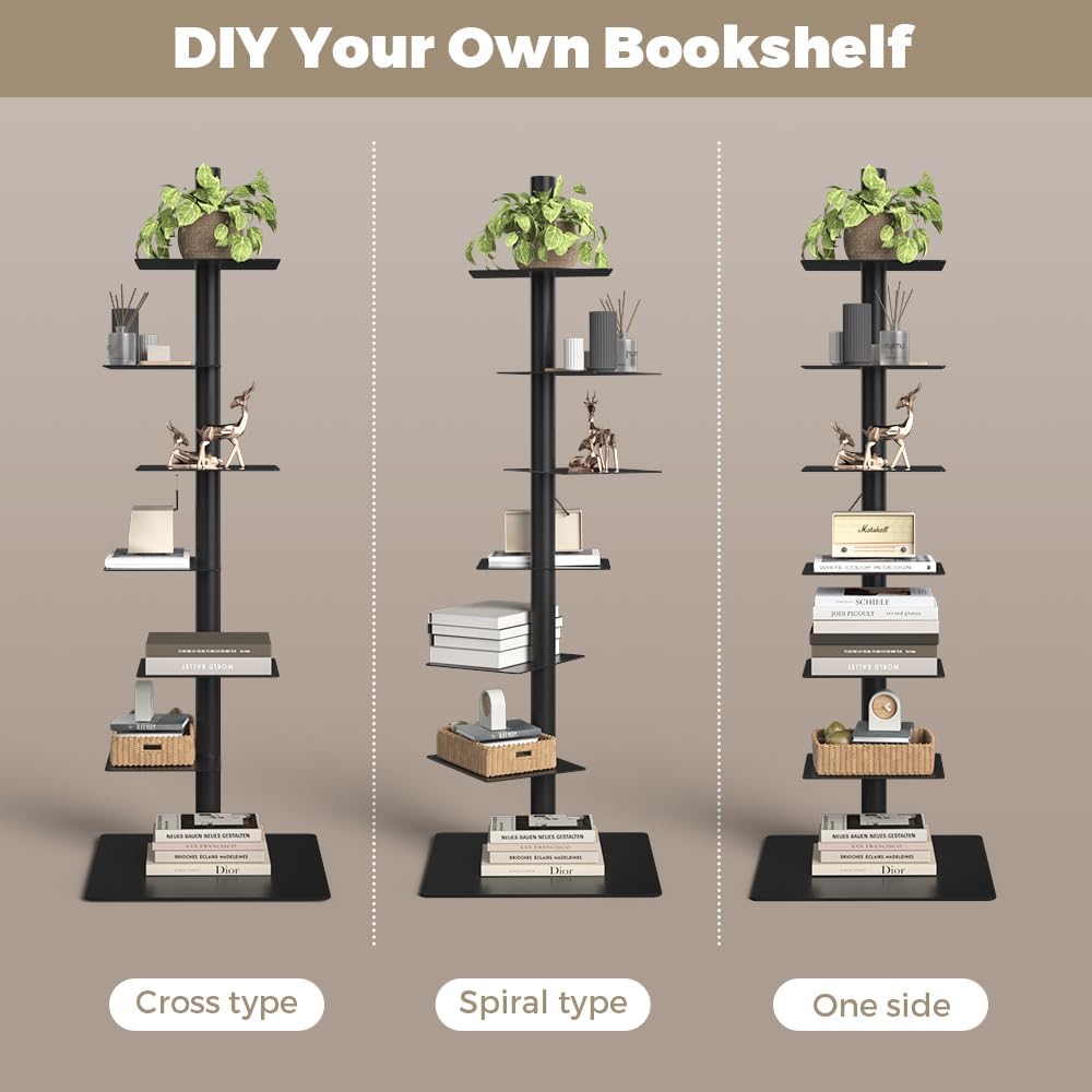 Nidouillet 6 Tier Tall Narrow Metal Bookshelf, Vertical Tower Bookcase with Adjustable Shelves, Space Saving Corner Book Shelf Storage Display Rack, Tool Free Assembly