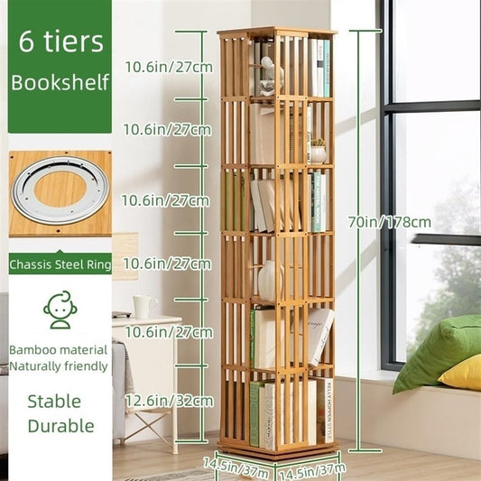 Rotating Bookshelf, 360 Degree Bamboo Bookcase, Floor Standing Wood Storage Display Rack for Living Room and Office, Freestanding Design, Versatile Narrow Storage Solution