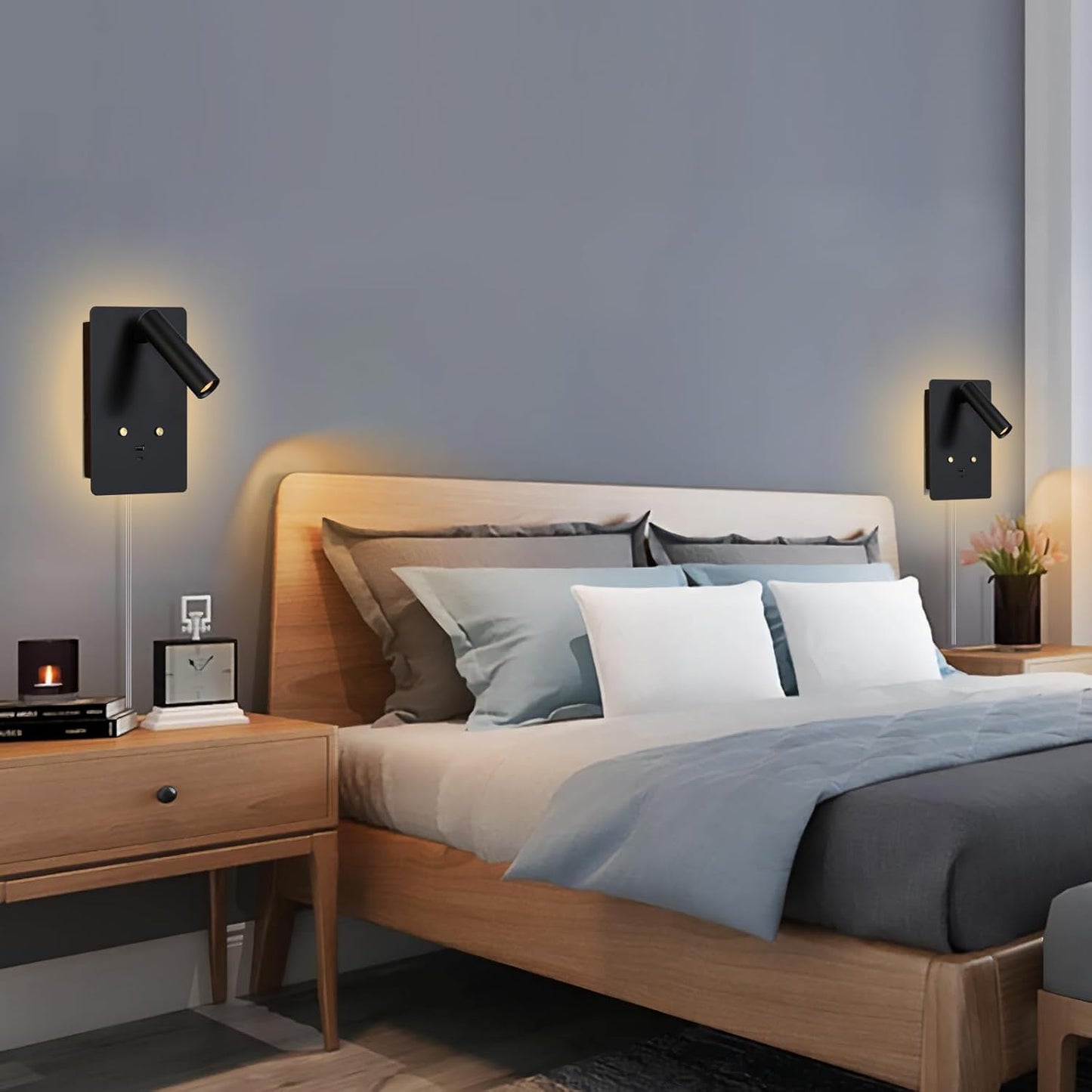 ZEROUNO Dimmable Wall Mounted Reading Light Set of 2,Adjustable Headboard Plug in Wall Sconce with USB A+C Ports,Touch Control Wall Light for Bedroom Bedside Lamps