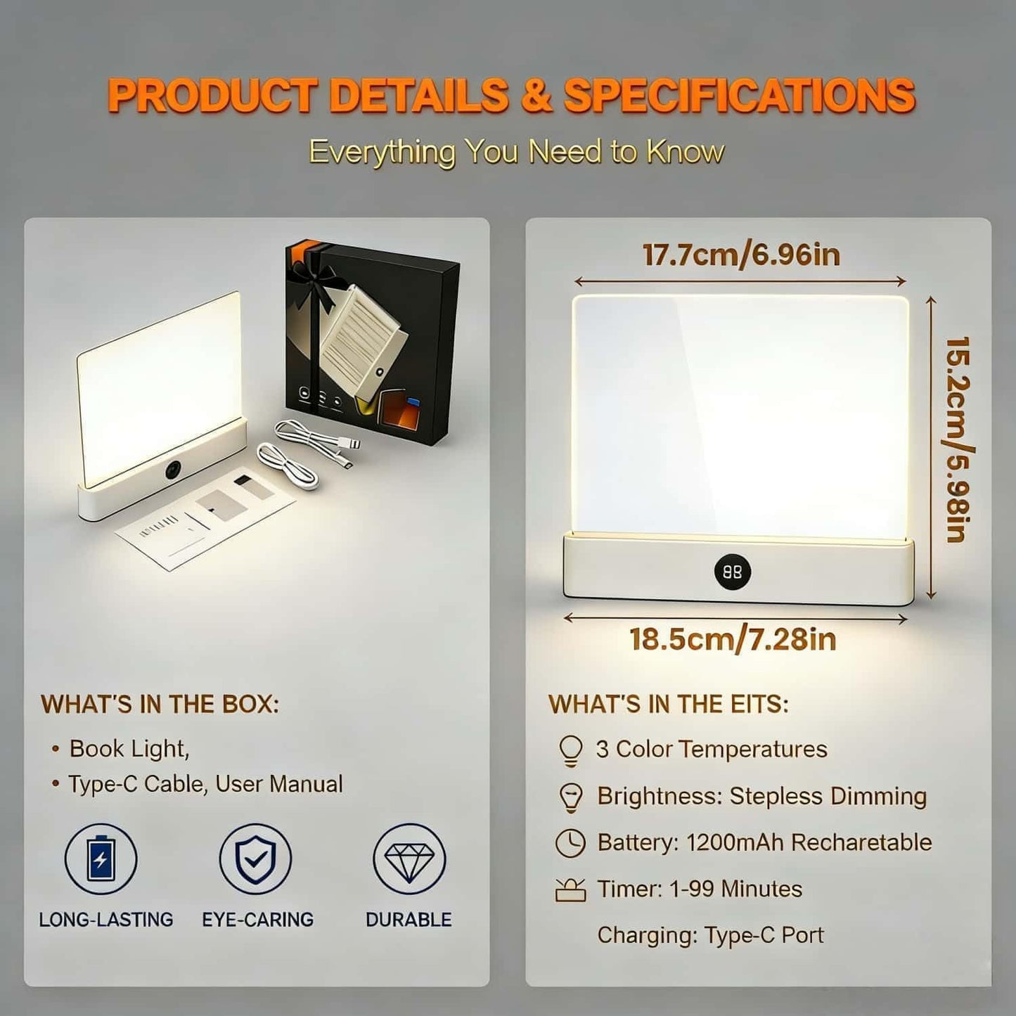 TWINPAIR LED Book Light for Reading, USB Rechargeable Flat Reading Lamp with Full Page Light, 3 Colors 2 in 1 Night Light,Dimming & Timer Reading Lights for Book Lovers, Students, Readers (White)
