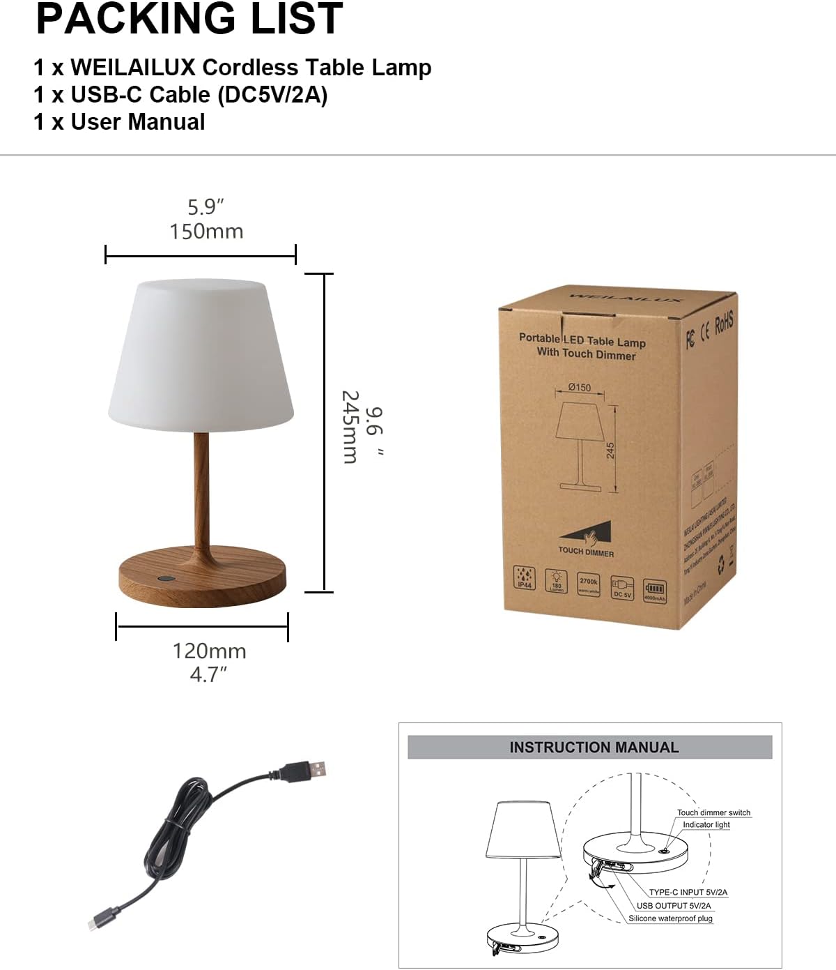 Outdoor Battery Operated Table Lamp Waterproof, 4000mAh Cordless Table Lamp Rechargeable, Touch Dimmable Desk Lamp, LED Night Light for Patio Camping Restaurant Home (Wood Grain, 9.6in)