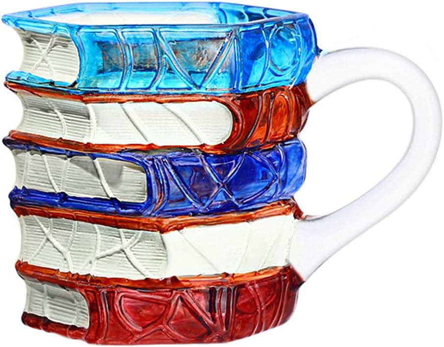 Handpainted Glass Book Stack Mug, 7oz, Literary Design Coffee Tea Cup for Readers and Writers (Small)