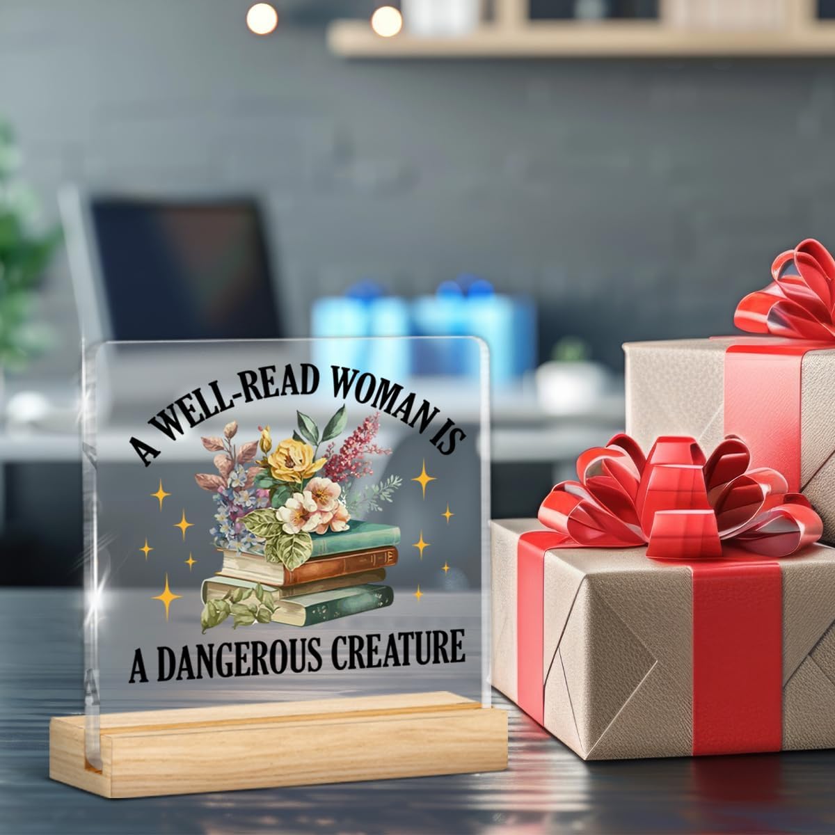 Book Lovers Gifts for Women Teen Girls, Bookish Gifts for Readers Librarian, a Well Read Woman Is a Dangerous Creature Acrylic Plaque Sign with Wooden Stand Home Library Reading Corner Decor