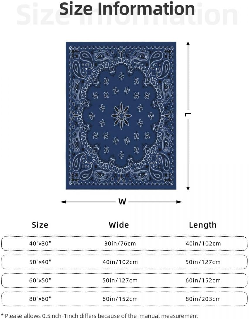 Home Decor Throw Blanket, Blue Paisley Bandana Scarf Classic, Warm Soft Cozy Flannel Bed Blankets for Bed, Couch, Sofa and Chair, All Seasons Suitable, 80x60 inches