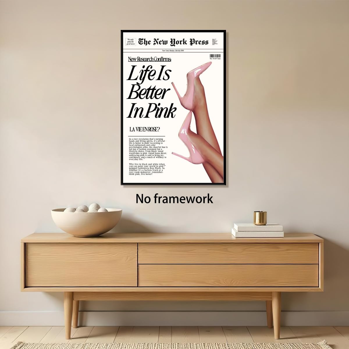 Vintage Baby Pink Newspaper Wall Art Retro News Headline Poster Trendy Preppy Girl Aesthetic Decor for Bedroom Apartment Dorm Life is Better in Pink Canvas Print Picture 12x18inch Unframed