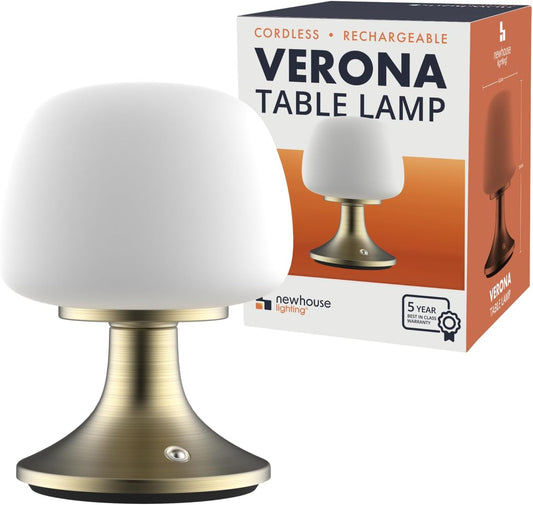 Newhouse Lighting Verona, Brass 2700K Dimmable Cordless USB-C Rechargeable Glass Table Lamp NHTL-VE-BRS, Cordless Desk Lamp for Living Room, Bedroom, Coffee Table, and Other Cozy Home Decor