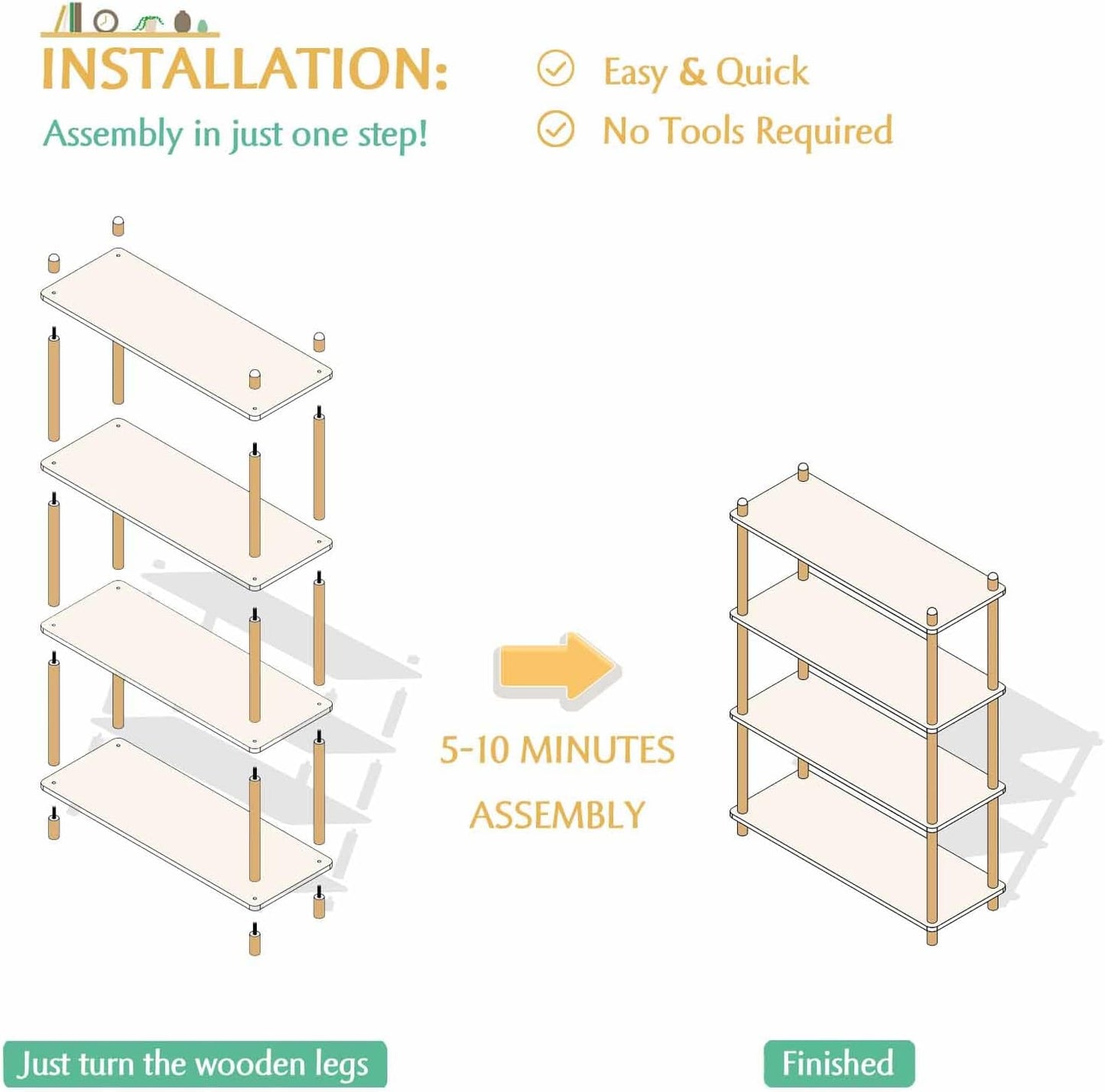 IOTXY 5-Tier Wooden Shelf Bookcase - Modern Open Bookshelf, Free Standing Storage Rack, Multifunctional Display Stand for Home and Office, Oak, Rectangle