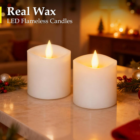 Flickering Flameless Candles Battery Operated with Remote Timer - Realistic 3D Moving Flame Candles, 600+ Hours Long-Lasting White LED Wax Candles for Wedding Home Decor, 3x3 Inch Set of 2