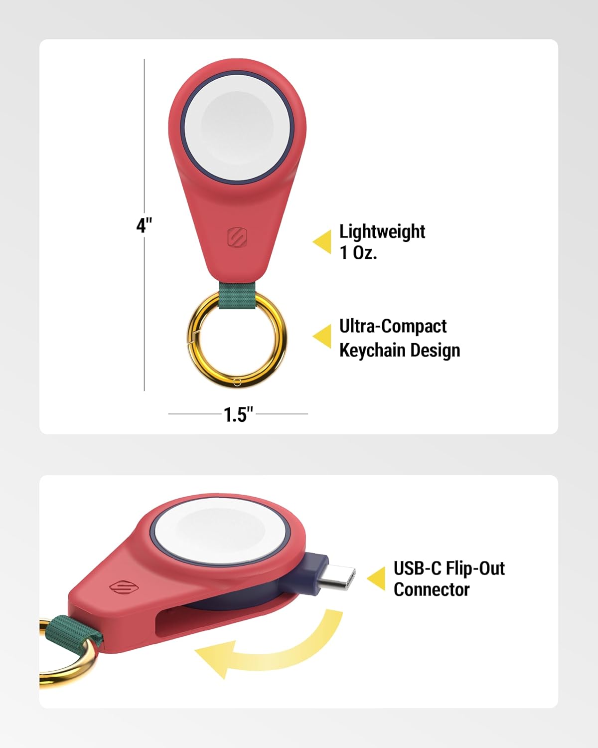 Scosche Fast Charging USB-C Powered Plug-in Travel Charger for Apple Watch, Portable Magnetic Charger Keychain for iWatch Compatible with Apple Watch Series 10/9/8/7/6/5/4/3/2 Ultra 2/SE, Sunset Coral