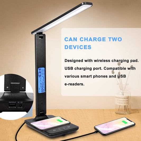 LED Desk Lamp with Wireless Charger, Suitable for Home, Office Dimmable, with USB Charging Port, Built-in Clock, Calendar, Thermometer and Automatic Timing Reading Desk Lamp.