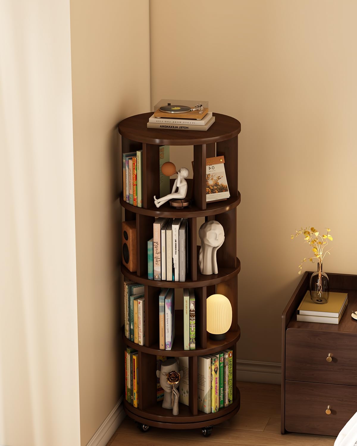 Saifu 4 Tier Wood Rotating Bookshelf on Wheels,Round Revolving Bookcase,360° Spinning Book Shelf Tower,Rolling Bookshelves for Small Space, Corner, Bedroom, Kids Room,Office, Walnut
