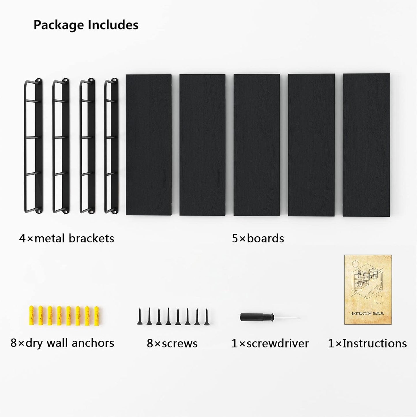 Wall Shelves, Wall Mounted Bookshelves, DIY Floating Shelves for Wall, Wood Hanging Book Shelves for Room, Bedroom, Living Room, Easy Installation (Black, 50W x 17H)