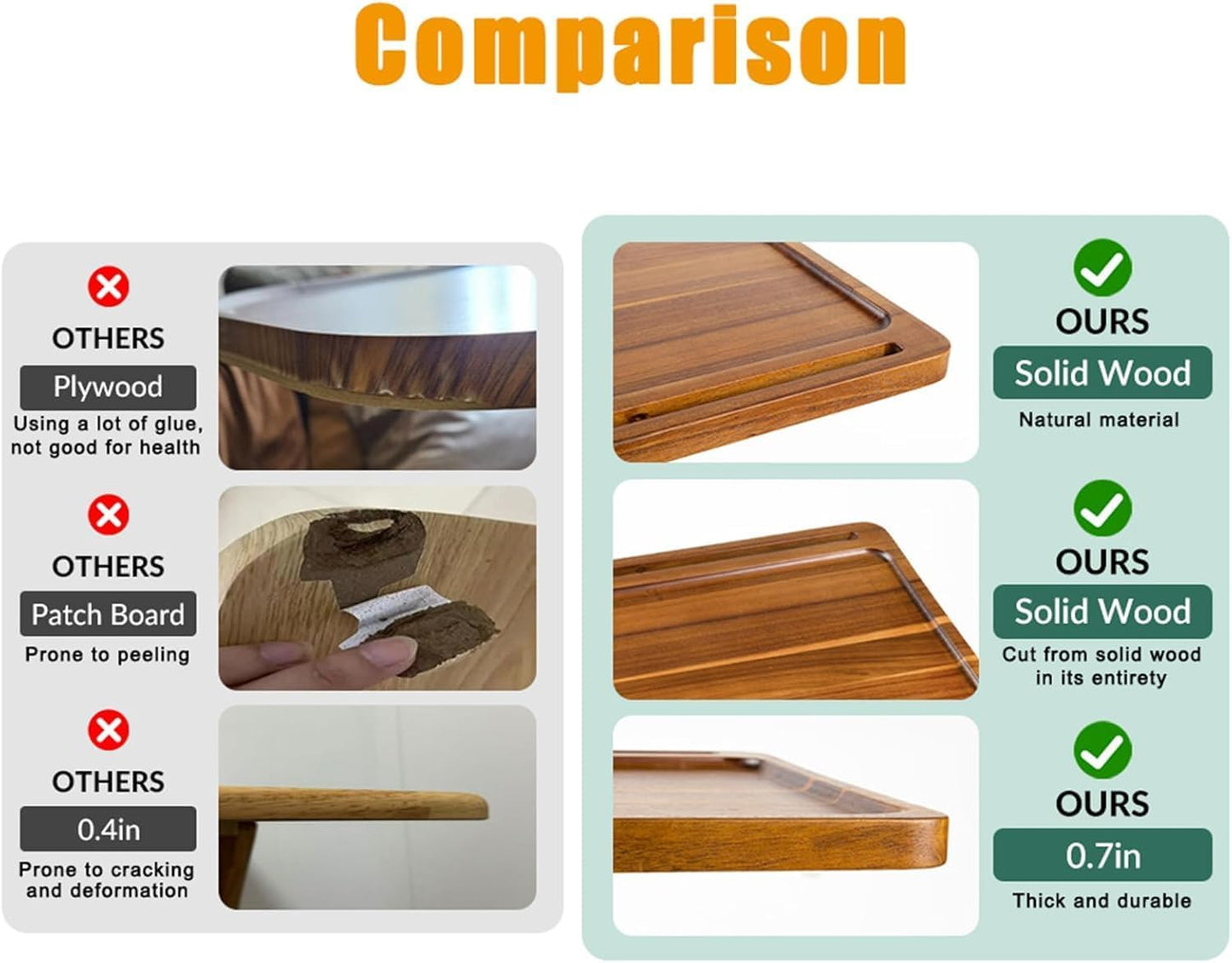 Large Solid Wood Acacia Wood Couch Table,Height Adjustable C Table with Phone & Tablet Slot,Swivel TV Trays for Eating on Couch, Bedroom or Livingroom, Oblong