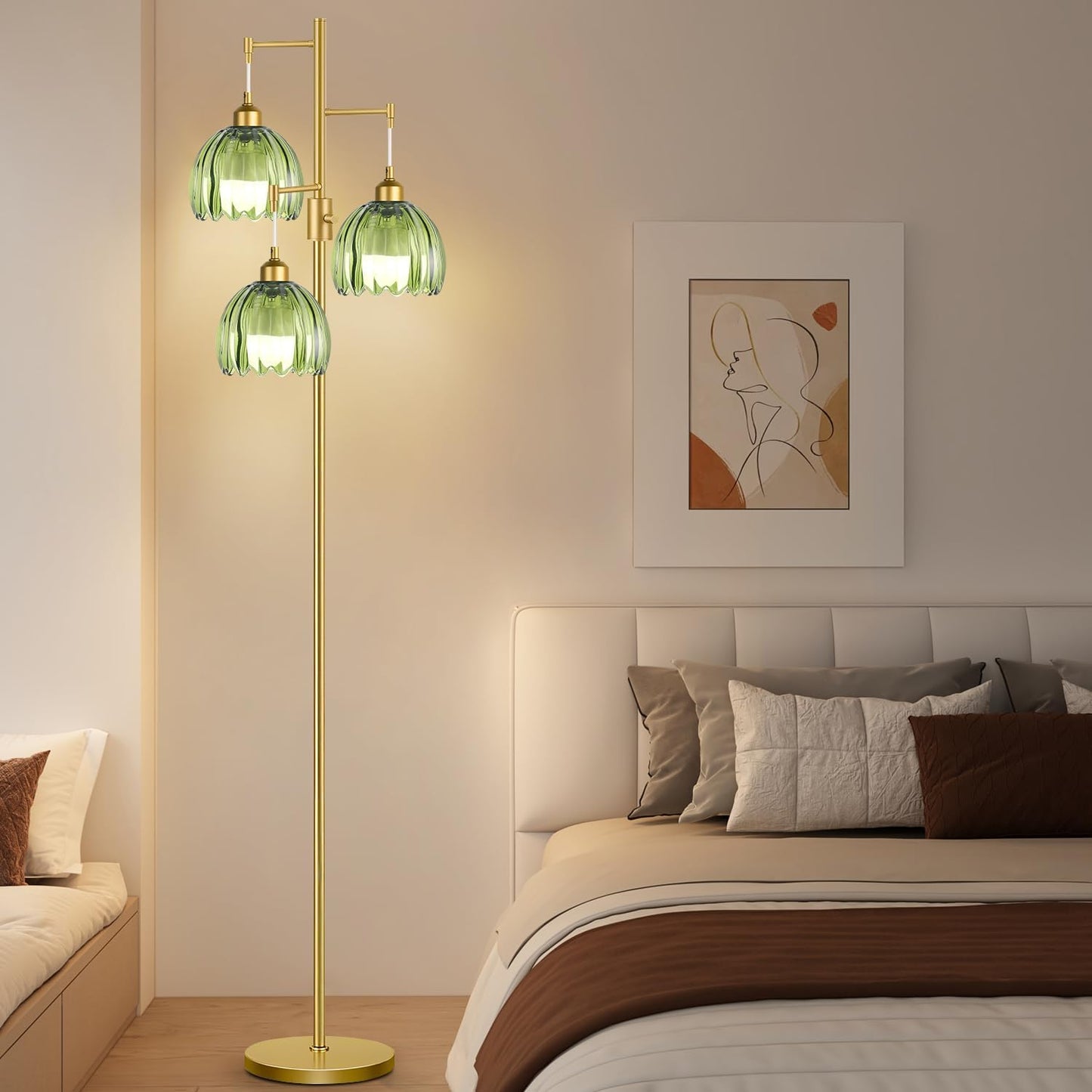 Dimmable Floor Lamps for Living Room-3 Light Gold Floor Lamp with Three Bulbs & Glass Lampshape, Mid Century Modern Standing Lamp Tree Tall Flower Floor Lamp for Bedroom Living Room,Corner