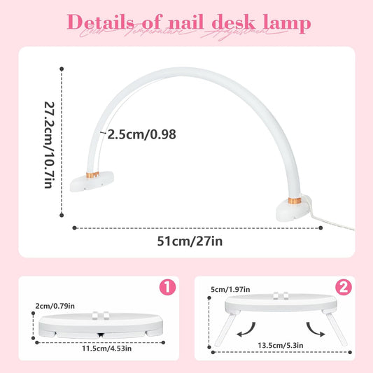 Half Moon Light for Nail Desk 20 inch Nail Desk Light Half Moon Lamp Portable Arch Lamp Dimmable with Foldable Bracket for Desk Salon Table Use, 3 Color Temperature