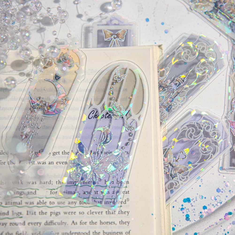 40Pcs Holographic Bookmark, Transparent Waterproof Flashing Castle Butterfly Flower Bookmarks, Rose Floral Window Bookmark Book Markers for Book Lover Kids Teacher Student Birthday Gift (Holo)