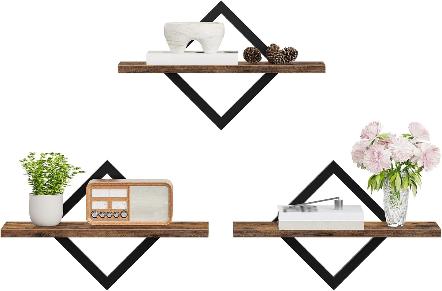 Floating Shelves for Wall, Set of 3 Wall Mounted Storage Shelves for Living Room, Bedroom, Kitchen, Bathroom, Rustic Brown TBJ03P3BF